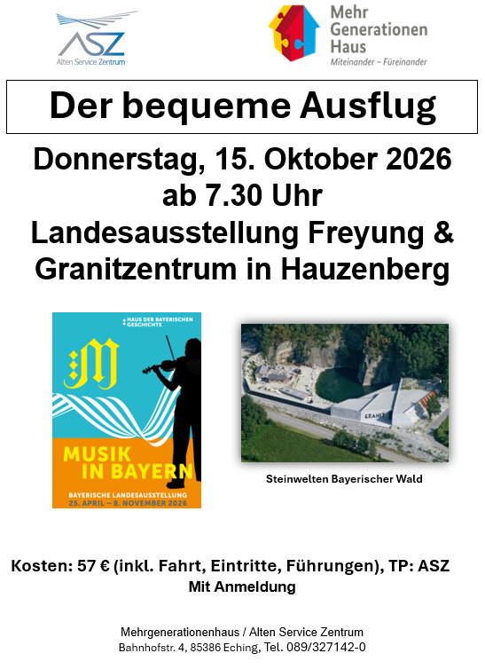 Bequemer Ausflug in den Bayerischen Wald: Besuch der Landesausstellung "Musik in Bayern", Mittagessen im Braustüberl und Besuch des Granitzentrums in Hauzenberg mit Führung. Erfahren Sie etwas über Gesteinskunde und die Geschichte der Natursteinproduktion
