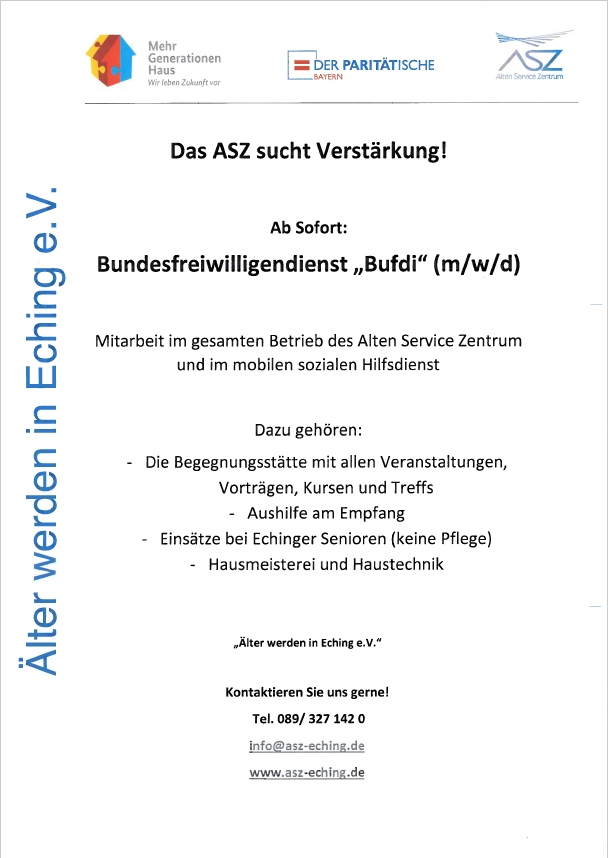 Sie interessieren sich für einen Bundesfreiwilligendienst? Das Alten Service Zentrum sucht ab sofort Verstärkung. Melden Sie sich gerne für weitere Informationen