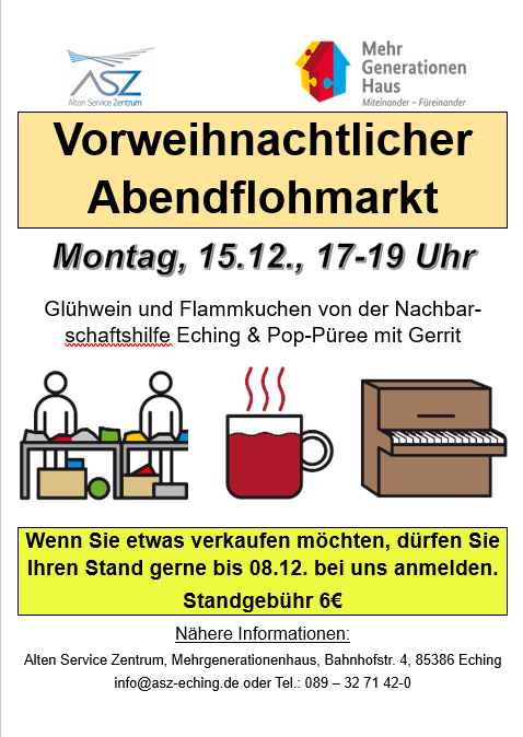 Vorweihnachtlicher Abendflohmarkt im ASZ! Kommen Sie vorbei und stöbern Sie bei besinnlicher Stimmung mit Klaviermusik, Glühwein und Flammkuchen.