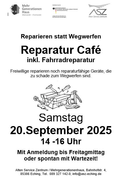 Reparatur Café am Samstag den 20.September von 14-16Uhr - diesmal mit dem Angebot Fahrradreparatur