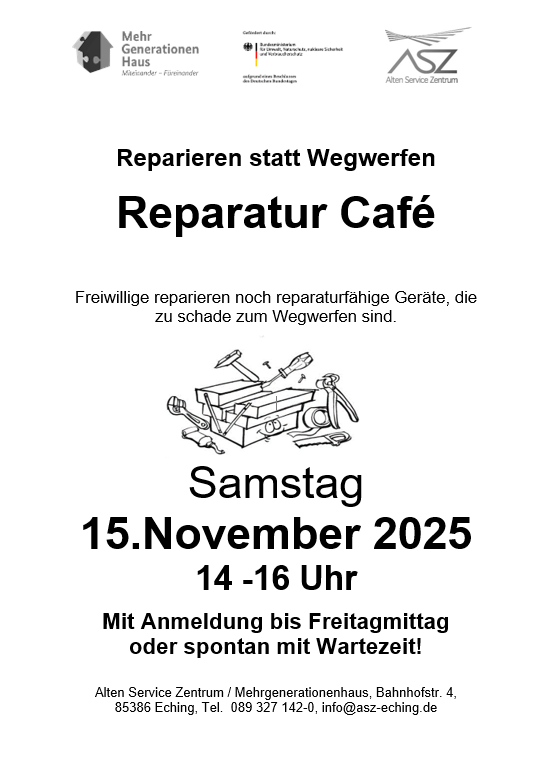 Unser Reparatur-Café am Samstag hat noch freie Kapazitäten. Wenn Sie etwas lieber reparieren statt wegwerfen möchten, melden Sie sich gerne bei uns